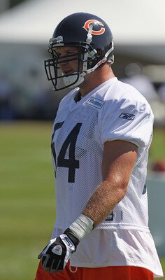 BOURBONNAIS, IL - JULY 30:  Brian Urlacher #54 of the Chicago Bears works out during a summer training camp practice at Olivet Nazarene University on July 30, 2011 in Bourbonnais, Illinois.  (Photo by Jonathan Daniel/Getty Images)