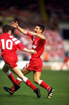 1992:  Ian Rush of Liverpool celebrates after scoring their second goal during the FA Cup final against Sunderland at Wembley Stadium in London. Liverpool won the match 2-0.  \ Mandatory Credit: David  Cannon/Allsport