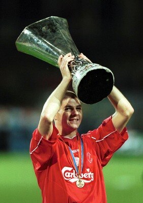 16 May 2001: Steven Gerrard lifts the trophy as Liverpool win the UEFA Cup Final between Liverpool and Deportivo Alaves at the Westfallenstadion, Dortmund, Germany. Mandatory Credit: Clive Brunskill/ALLSPORT