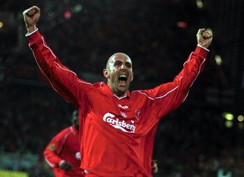 16 May 2001:  Gary McAllister celebrates after converting from the penalty spot for Liverpool's third goal during the UEFA Cup Final between Liverpool and Deportivo Alaves at the Westfallenstadion, Dortmund, Germany. Mandatory Credit: Gary M. Prior/ALLSPO