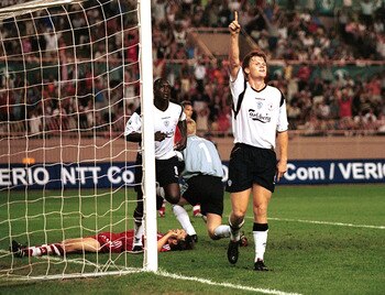 24 Aug 2001: John Arne Riise of Liverpool celebrates his goal during the UEFA Super Cup match between Liverpool and Bayern Munich at Stade Louis II, Monaco.  Mandatory Credit: Michael Steele/ALLSPORT