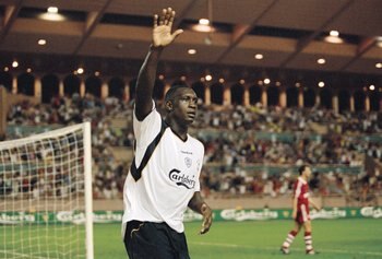 24 Aug 2001:  Emile Heskey of Liverpool celebrates scoring a goal during the UEFA European Super Cup final against Bayern Munich played at the Stade Louis II Satdium in Monaco.  Liverpool won the match 3 - 2. \ Mandatory Credit: Michael Steele /Allsport