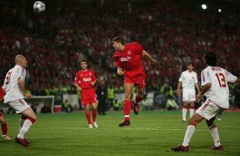 ISTANBUL, TURKEY - MAY 25:  Liverpool captain Steven Gerrard scores the first goal during the European Champions League final between Liverpool and AC Milan on May 25, 2005 at the Ataturk Olympic Stadium in Istanbul, Turkey.  (Photo by Mike Hewitt/Getty I