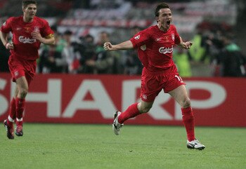 ISTANBUL, TURKEY - MAY 25: Liverpool midfielder Vladimir Smicer of Czech Republic (R) celebrates his goal with Liverpool captain Steven Gerrard during the European Champions League final between Liverpool and AC Milan on May 25, 2005 at the Ataturk Olympi