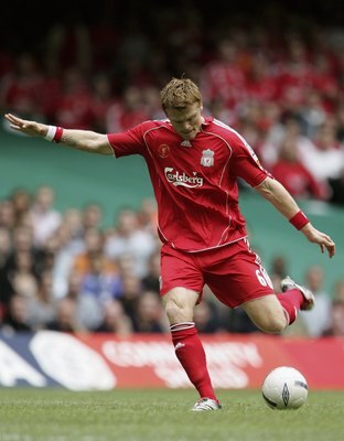 CARDIFF, UNITED KINGDOM - AUGUST 13:  John Arne Riise of Liverpool scores the opening goal during the FA Community Shield match between Liverpool and Chelsea at the Millennium Stadium on August 13, 2006 in Cardiff, Wales.  (Photo by Phil Cole/Getty Images