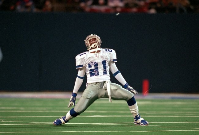18 Oct 1999: Deion Sanders #21 of the Dallas Cowboys stretches on the field during a game against the New York Giants at the Giants Stadium in East Rutherford, New Jersey. The Giants defeated the Cowboys 16-13. Mandatory Credit: Ezra O. Shaw  /Allsport