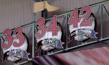 HOUSTON - APRIL 15:  Jackie Robinson's #42 number is retired in the rafters with other former Houston Astros Mike Scott #33 and Nolan Ryan #24 at Minute Maid Park on April 15, 2011 in Houston, Texas.  (Photo by Bob Levey/Getty Images)