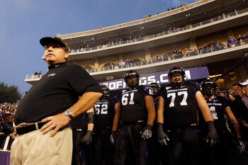 FORT WORTH, TX - OCTOBER 23:  Head coach Gary Patterson of the TCU Horned Frogs leads his team on the field against the Air Force Falcons at Amon G. Carter Stadium on October 23, 2010 in Fort Worth, Texas.  (Photo by Tom Pennington/Getty Images)