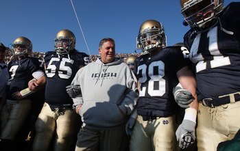 SOUTH BEND, IN - NOVEMBER 21: Head coach Charlie Weis of the Notre Dame Fighting Irish waits to enter the field with (L-R) Jimmy Clausen #7, Eric Olsen #55, Kyle McCarthy #28 and Scott Smith #41 before a game against the University of Connecticut Huskies