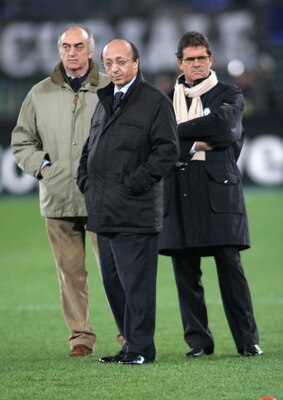 TURIN, ITALY - DECEMBER 18: Juventus coach Fabio Capello (L) general Manager Luciano Moggi and CEO Antonio Giraudo are seen on the ground before the Juventus Vs Milan match at Stadio delle Alpi in Turin, Italy. The match ended in a 0-0 draw.  (Photo by Gi