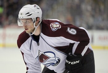 LOS ANGELES, CA - FEBRUARY 26:  Erik Johnson #6 of the Colorado Avalanche waits to face off against the Los Angeles Kings at Staples Center on February 26, 2011 in Los Angeles, California.  (Photo by Jeff Gross/Getty Images)