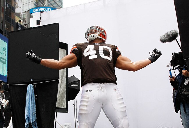 NEW YORK - APRIL 28:  Peyton Hillis #40 of the Cleveland Browns participates in a photo shoot for the cover of EA Sports Madden NFL 12 on April 28, 2011 in Time Square, New York City  (Photo by Mike Stobe/Getty Images for EA Sports)