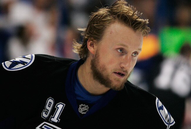 TAMPA, FL - MAY 25:  Steven Stamkos #91 of the Tampa Bay Lightning warms up prior to Game Six of the Eastern Conference Finals against the Boston Bruins during the 2011 NHL Stanley Cup Playoffs at St Pete Times Forum on May 25, 2011 in Tampa, Florida.  (P