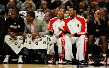 CHICAGO - DECEMBER 12: (L-R) Lindsey Hunter #11, Tyrus Thomas #24, Jannero Pargo #2, James Johnson #16 and Taj Gibson #22 of the Chicago Bulls sit on the bench during a game against the Boston Celtics at the United Center on December 12, 2009 in Chicago,