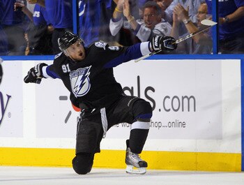 TAMPA, FL - MAY 03:  Steven Stamkos #91 of the Tampa Bay Lightning scores the game tying goal in the third period against the Washington Capitals in Game Three of the Eastern Conference Semifinals during the 2011 NHL Stanley Cup Playoffs at St Pete Times