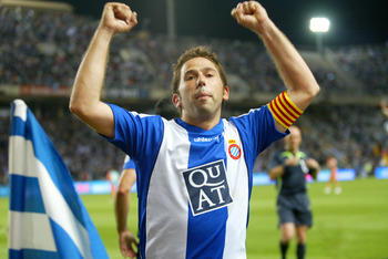 BARCELONA, SPAIN - APRIL 26: Raul Tamudo of Espanyol celebrates Coro's goal during the match between Espanyol and Werder Bremen, during the UEFA Cup Semi-Final, second Leg match between Espanyol and Werder Bremen at the Estadi Olimpic on April 26, 2007 in