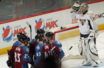 DENVER, CO - MARCH 31:  The Colorado Avalanche celebrate a third period goal by Paul Stastny #26 of the Colorado Avalanche against goalie Pekka Rinne #35 of the Nashville Predators at the Pepsi Center on March 31, 2011 in Denver, Colorado. The Nashville P