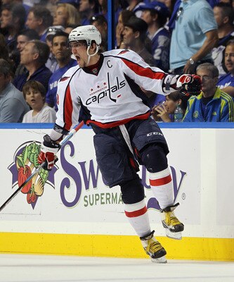 TAMPA, FL - MAY 03:  Alex Ovechkin #8 of the Washington Capitals scores a power play goal at 17:27 of the second period against the Tampa Bay Lightning in Game Three of the Eastern Conference Semifinals during the 2011 NHL Stanley Cup Playoffs at St Pete