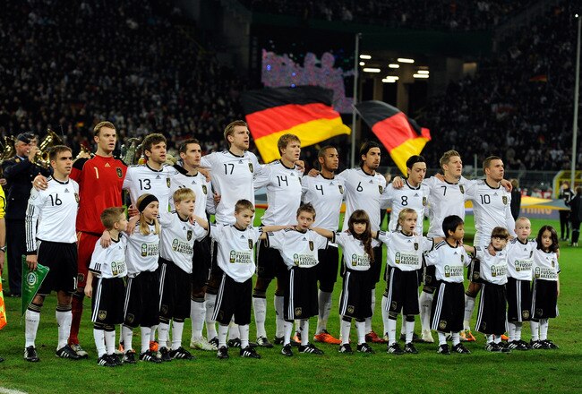 DORTMUND, GERMANY - FEBRUARY 09:  The German team line up before the International Friendly match between Germany and Italy on February 9, 2011 in Dortmund, Germany.  (Photo by Claudio Villa/Getty Images)