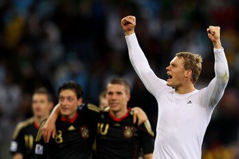 CAPE TOWN, SOUTH AFRICA - JULY 03:  Manuel Neuer of Germany celebrates victory during the 2010 FIFA World Cup South Africa Quarter Final match between Argentina and Germany at Green Point Stadium on July 3, 2010 in Cape Town, South Africa.  (Photo by Came