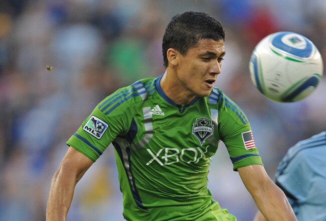 KANSAS CITY, KS - AUGUST 06:  Forward Fredy Montero #17 of the Seattle Sounders FC has his shot on goal rejected as it come back at him during the first half against Sporting Kansas City on August 6, 2011 at LiveStrong Sporting Park in Kansas City, Kansas