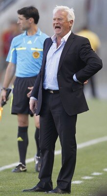 SANDY, UT - AUGUST 6: Head coach of the New York Red Bulls Hans Backe yells at his players during the first half of an MLS soccer game August 6, 2011 at Rio Tinto Stadium in Sandy, Utah. Real Salt Lake beat the New York Red Bulls 3-0. (Photo by George Fre