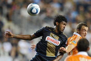 CHESTER, PA- AUGUST 06: Sheanon Williams #25 of the Philadelphia Union and Cam Weaver #15 of the Houston Dynamo attempt to head the ball at PPL Park on August 6, 2011 in Chester, Pennsylvania. (Photo by Drew Hallowell/Getty Images)