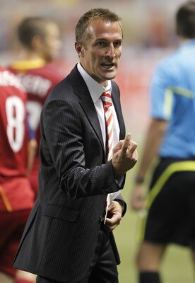 SANDY, UT - AUGUST 6: Head coach of Real Salt Lake Jason Kreis gestures to a player on the bench during a game against the New York Red Bulls during the second half of an MLS soccer game August 6, 2011 at Rio Tinto Stadium in Sandy, Utah. Real Salt Lake b