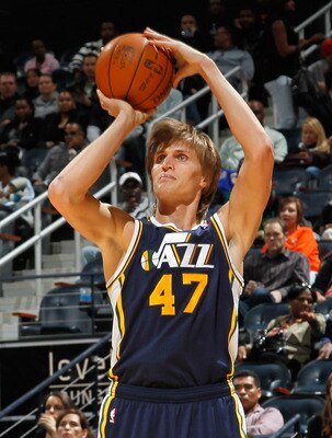ATLANTA - NOVEMBER 12:  Andrei Kirilenko #47 of the Utah Jazz shoots against the Atlanta Hawks at Philips Arena on November 12, 2010 in Atlanta, Georgia.  NOTE TO USER: User expressly acknowledges and agrees that, by downloading and/or using this Photogra