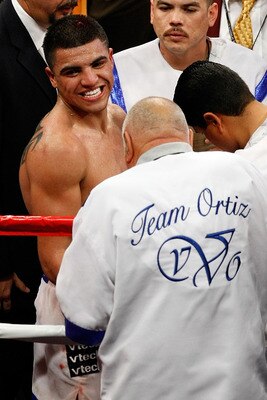 LAS VEGAS - DECEMBER 11:  Victor Ortiz reacts after his super lightweight fight with Lamont Petersen at Mandalay Bay Events Center on December 11, 2010 in Las Vegas, Nevada. Ortiz and Petersen's fight was called a majority draw by the judges.  (Photo by E