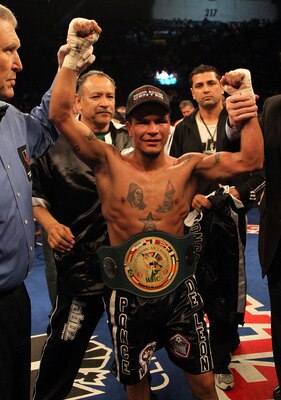 LAS VEGAS - MAY 01:  Daniel Ponce De Leon of Mexico reacts after defeating Cornelius Lock by unanimous decision during the featherweight fight at the MGM Grand Garden Arena on May 1, 2010 in Las Vegas, Nevada.  (Photo by Jed Jacobsohn/Getty Images)