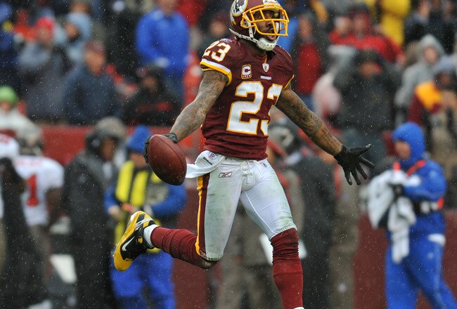 LANDOVER, MD - DECEMBER 12:  DeAngelo Hall #23 of the Washington Redskins celebrates a fumble recovery against the Tampa Bay Buccaneers  at FedExField on December 12, 2010 in Landover, Maryland. The Buccaneers defeated the Redskins 17-16. (Photo by Larry
