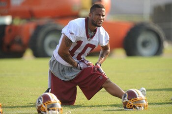 ASHBURN, VA - JULY 29:  Jabar Gaffney #10 of the Washington Redskins looks on during the first day of training camp at Redskins Park on July 29, 2011 in Ashburn, Virginia.  (Photo by Mitchell Layton/Getty Images)