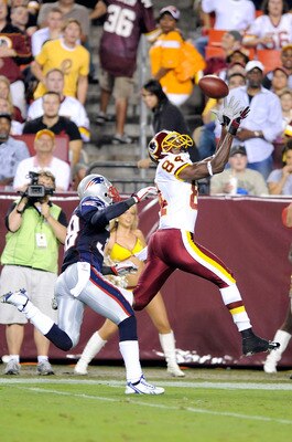 LANDOVER, MD - AUGUST 28:  Marko Mitchell #84 of the Washington Redskins catches a touchdown in a preseason game against the New England Patriots at FedExField on August 28, 2009 in Landover, Maryland.  (Photo by Greg Fiume/Getty Images)