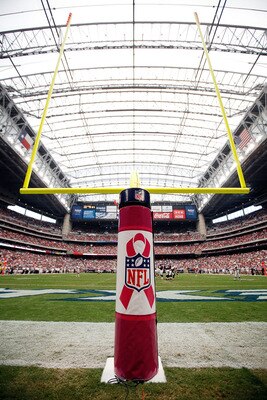 HOUSTON - OCTOBER 10:  A pink ribbon for Breast Cancer Awareness Month on the padding of the goal post during the game between the Houston Texans and the New York Giants at Reliant Stadium on October 10, 2010 in Houston, Texas.  (Photo by Chris Graythen/G