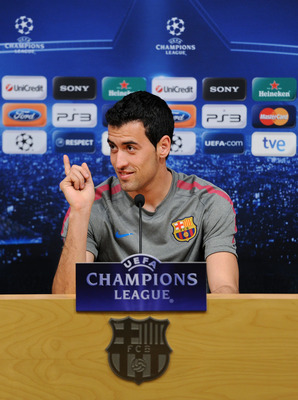 BARCELONA, SPAIN - MARCH 07:  Sergio Busquets of Barcelona gestures during a press conference ahead of their UEFA Champions League round of 16 second leg match against Arsenal at the Camp Nou stadium on March 7, 2011 in Barcelona, Spain.  (Photo by Jasper