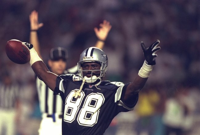 27 Oct 1996: Wide receiver Michael Irvin of the Dallas Cowboys celebrates a touchdown during the Cowboys 29-10 victory over the Miami Dolphins at Pro Players Stadium in Miami, Florida.