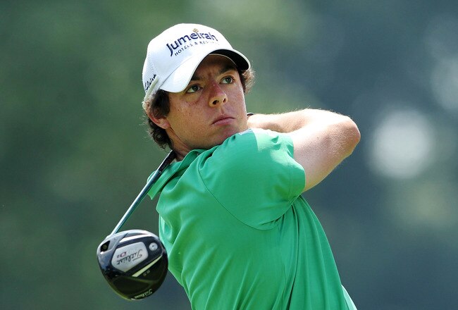 AKRON, OH - AUGUST 07:  Rory McIlroy of Northern Ireland hits his tee shot on the third hole during the final round of the World Golf Championships-Bridgestone Invitational on the South Course at Firestone Country Club on August 7, 2011 in Akron, Ohio.  (