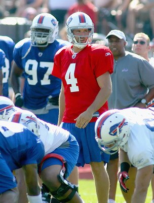 PITTSFORD, NY - AUGUST 08:Tyler Thigpen #4 of the Buffalo Bills readies to take a snap during Buffalo Bills Training Camp at St. John Fisher College on August 8, 2011 in Pittsford, New York.  (Photo by Rick Stewart/Getty Images)
