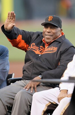 SAN FRANCISCO, CA - MAY 06:  Willie McCovey waves to the crowd during a ceremony for Willie Mays' 80 birthday before the San Francisco Giants game against the Colorado Rockies at AT&T Park on May 6, 2011 in San Francisco, California.  (Photo by Ezra Shaw/