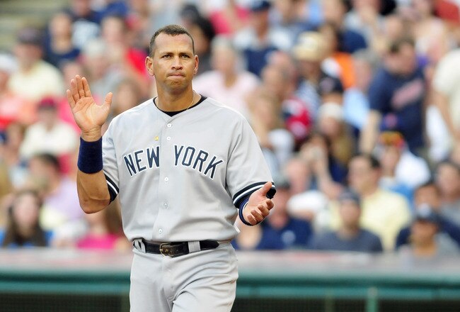 CLEVELAND, OH - JULY 6: Alex Rodriguez #13 of the New York Yankees reacts after the end of the second inning against the Cleveland Indians at Progressive Field on July 6, 2011 in Cleveland, Ohio. The Indians defeated the Yankees 5-3 to take the series 2-1