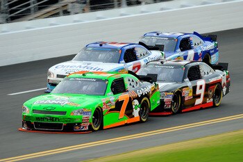 DAYTONA BEACH, FL - JULY 01:  (L-R) Danica Patrick, driver of the #7 GoDaddy.com Chevrolet, Elliott Sadler, driver of the #2 OneMain Financial Chevrolet, Tony Stewart, driver of the #9 Tapout Chevrolet and Kevin Harvick, driver of the #4 OneMain Financial
