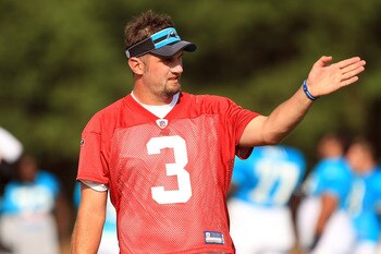 SPARTANBURG, SC - AUGUST 03:  Derek Anderson #3 of the Carolina Panthers watches on during training camp at Wofford College on August 3, 2011 in Spartanburg, South Carolina.  (Photo by Streeter Lecka/Getty Images)