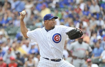 CHICAGO, IL - AUGUST 06:  Starting pitcher Carlos Zabrano #38 delivers a pitch durng the first inning against the Cincinnati Reds at Wrigley Field on August 6, 2011 in Chicago, Illinois.  (Photo by Brian Kersey/Getty Images)