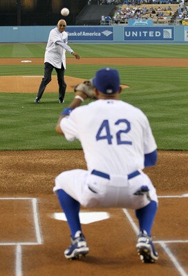 LOS ANGELES - APRIL 15:  Matt Kemp #27 of the Los Angeles Dodgers (wearing #42) catches the ceremonial first pitch thrown by Don Newcombe, former Brooklyn Dodgers teammate of Jackie Robinson, before the game with the St. Louis Cardinals as Major League Ba