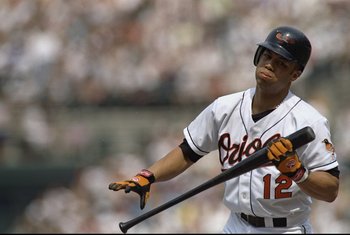 31 May 1998: Roberto Alomar #12 of the Baltimore Orioles in action during a game against the Texas Rangers at Camden Yards in Baltimore, Maryland. The Rangers defeated the Orioles 9-5.
