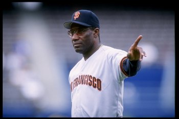4 May 1995:  Coach Bobby Bonds of the San Francisco Giants gives instructions to his players during a game against the San Diego Padres at Jack Murphy Stadium in San Diego, California.  The Giants won the game 5-2. Mandatory Credit: Stephen Dunn  /Allspor