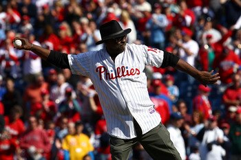 PHILADELPHIA - OCTOBER 07:  Dick Allen, former player for the Philadelphia Phillies throws out the ceremonial first pitch prior to Game One of the NLDS between the Philadelphia Phillies and the Colorado Rockies during the 2009 MLB Playoffs at Citizens Ban