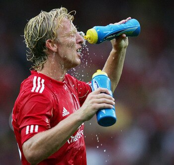 KUALA LUMPUR, MALAYSIA - JULY 16: Dirk Kuyt of Liverpool takes a drink during the pre-season friendly match between Malaysia and Liverpool at the Bukit Jalil National Stadium on July 16, 2011 in Kuala Lumpur, Malaysia. (Photo by Stanley Chou/Getty Images)