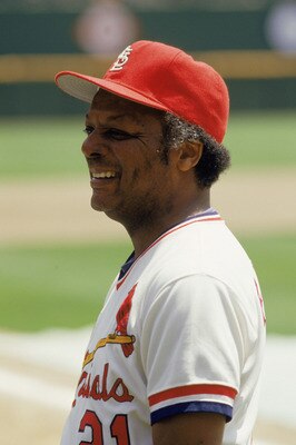1986:  Former Cardinal Player Curt Flood  '58-'69, looks on during the 1986 season. (Photo by: Stephen Dunn/Getty Images)